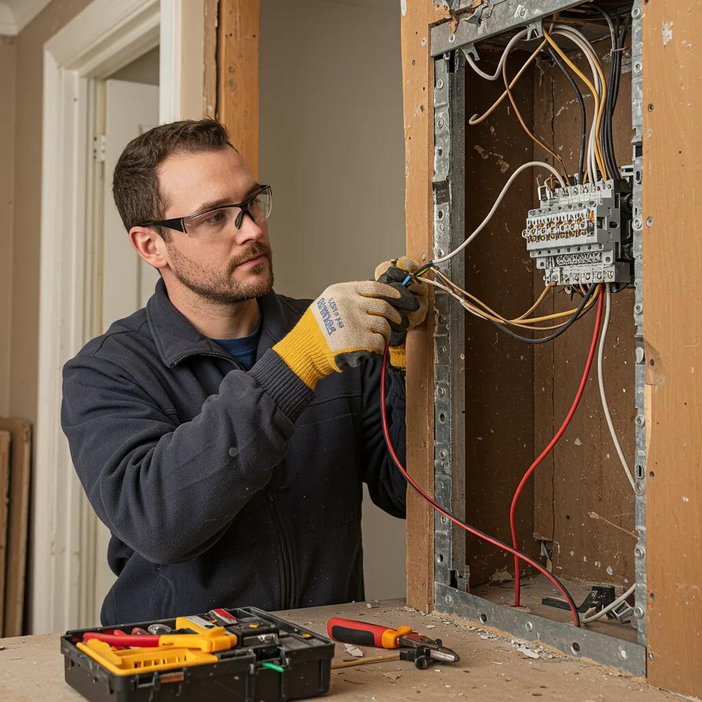 Electrician inspecting and upgrading knob and tube wiring in an older home, using tools and safety gear, with a focus on electrical panel connections.