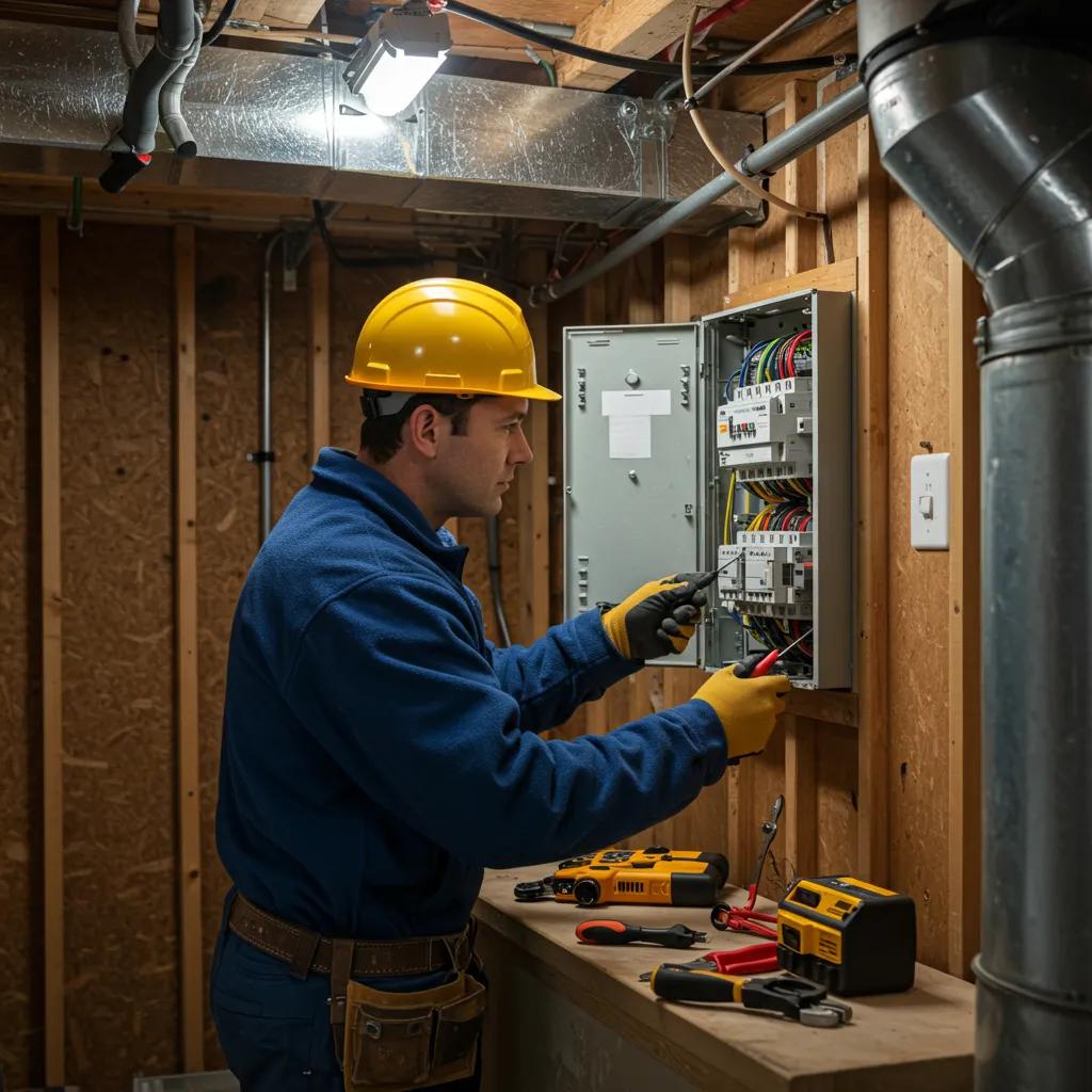 Electrician performing a safety inspection on a circuit panel in a basement, using tools to assess an older electrical system for potential upgrades and moisture issues.