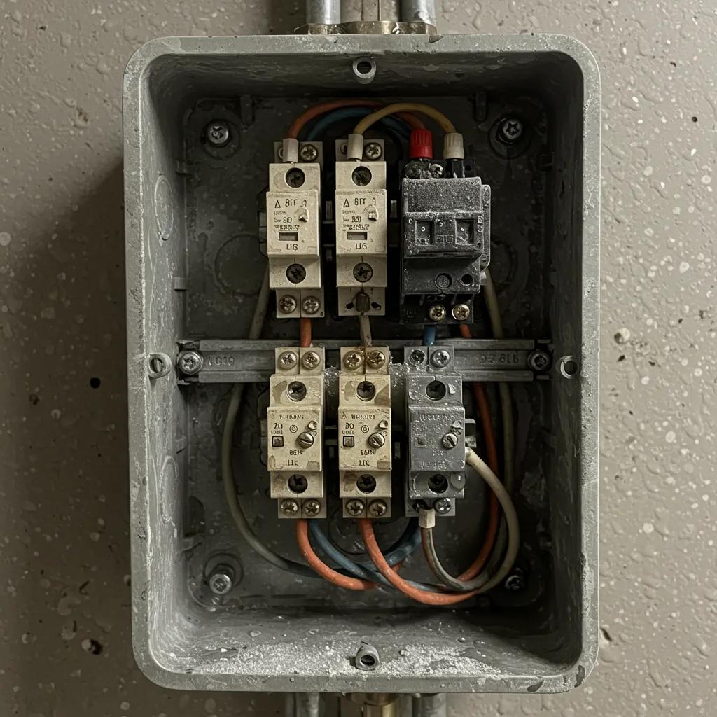 Junction box with electrical components showing signs of moisture and corrosion, illustrating winter electrical risks related to circuit breaker tripping and insulation breakdown.