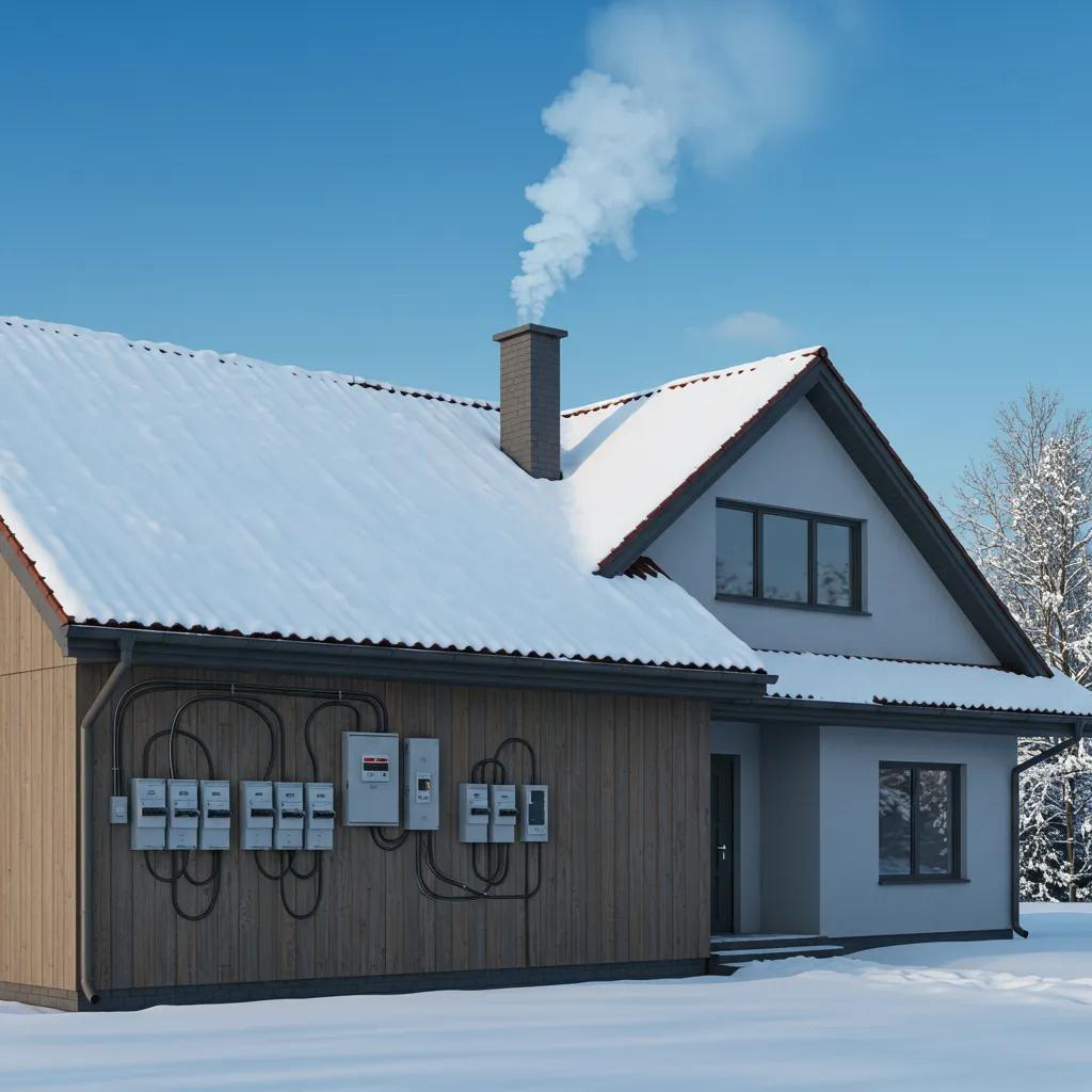 Modern home in winter with snow, featuring electrical panel and circuit breakers, highlighting electrical safety concerns during cold weather.