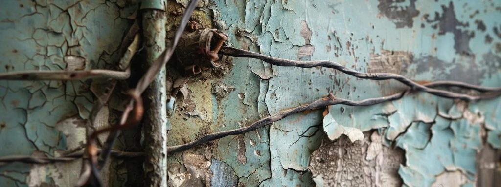 Close-up of aged and damaged electrical wiring against a peeling blue wall, highlighting risks associated with outdated wiring systems like knob-and-tube and aluminum.