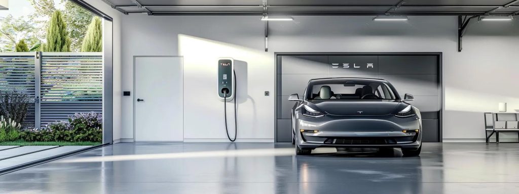 Sleek electrical panel featuring an EV charger alongside a Tesla in a bright, inviting garage