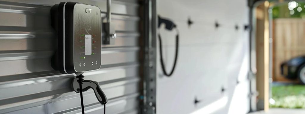 Level 2 EV charger mounted on a garage wall, displaying charging status, with charging cable hanging, emphasizing electrical panel upgrade needs for safe EV charger installation.