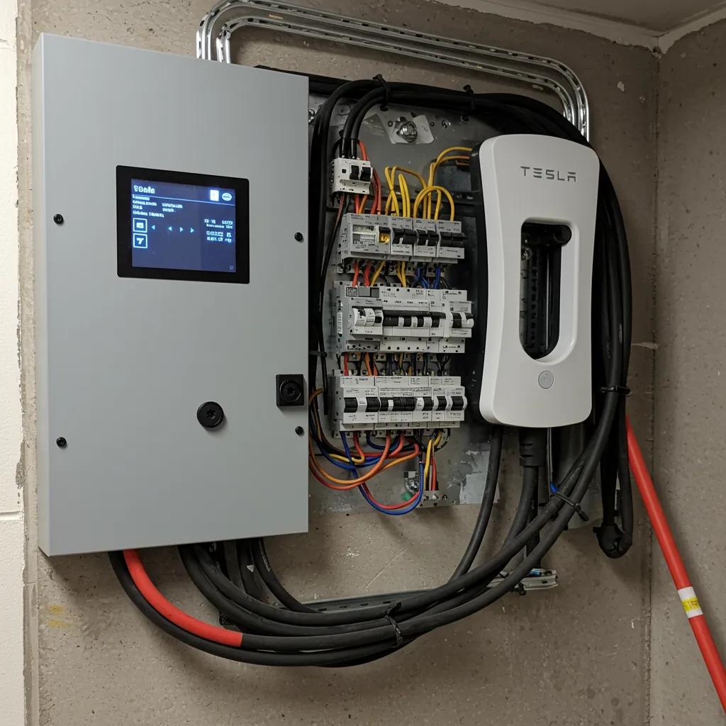Modern electrical panel with Tesla EV charger, showcasing safety and efficiency for electric vehicle charging, featuring a digital interface and organized wiring.
