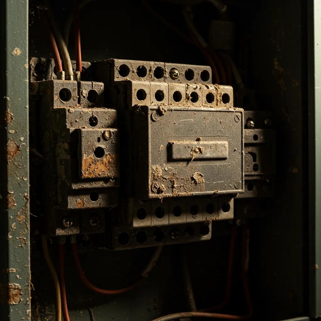 Old, rusty electrical panel showing signs of overheating and dust accumulation, indicating potential safety hazards and the need for an upgrade to meet modern electrical demands.