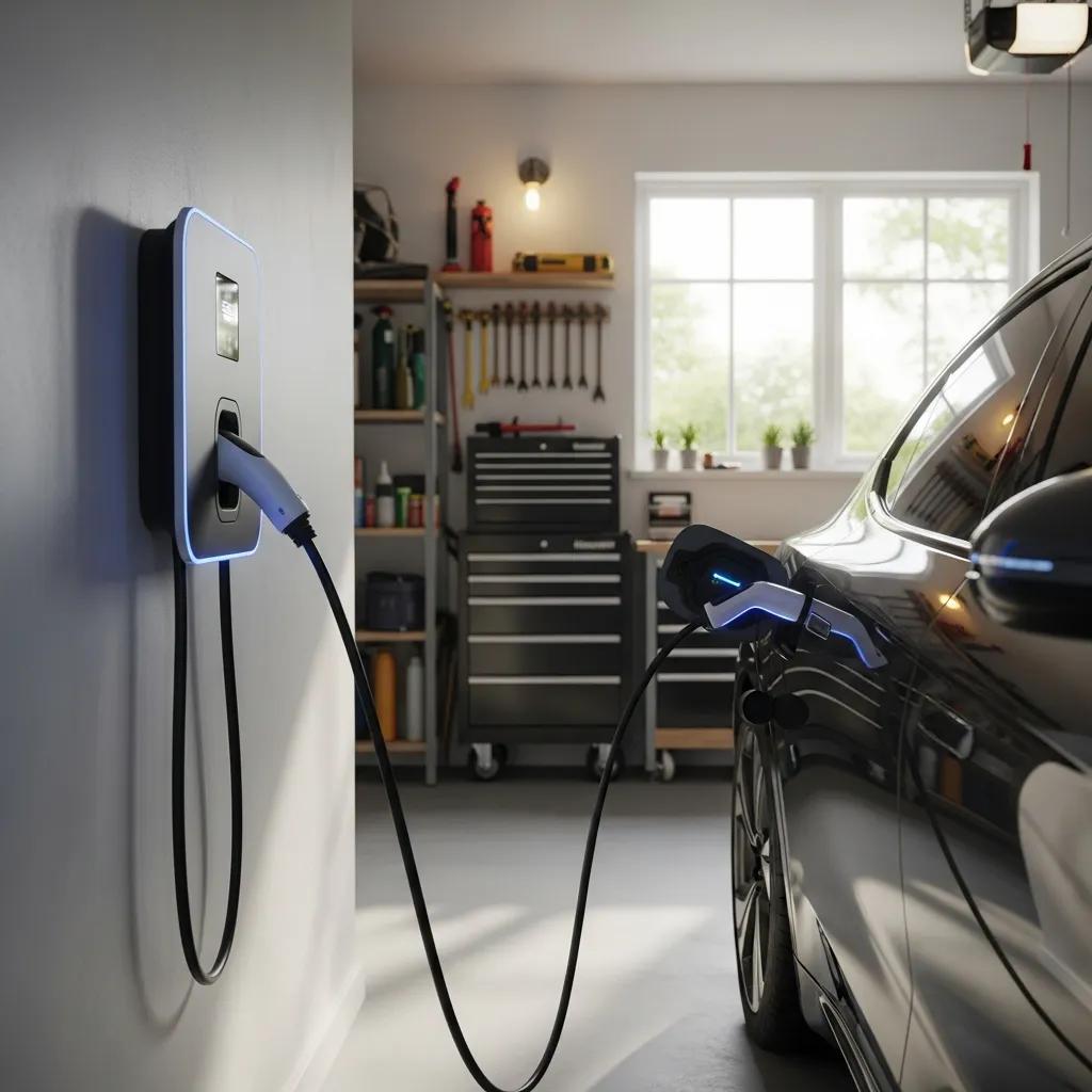 Garage with a professionally installed EV charger next to an electric vehicle
