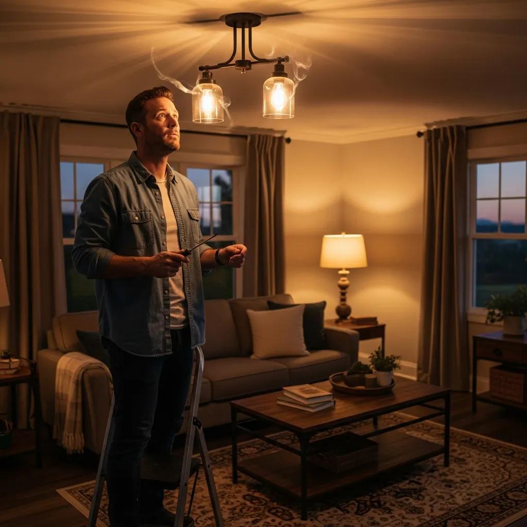 Homeowner inspecting a living room light fixture while troubleshooting flickering lights