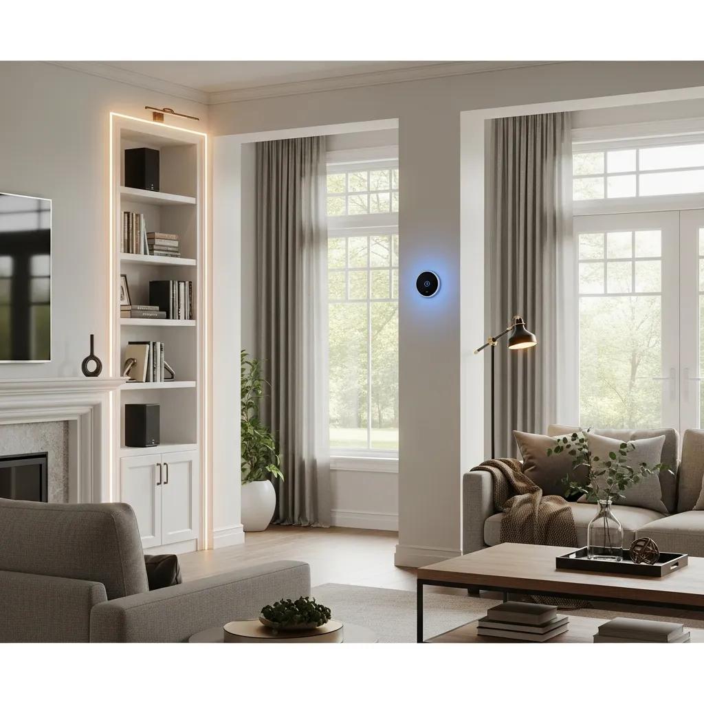 Modern living room with integrated smart home technology devices