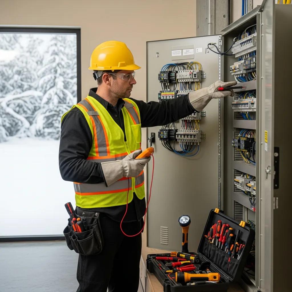 Electrician inspecting electrical panel for winter storm readiness