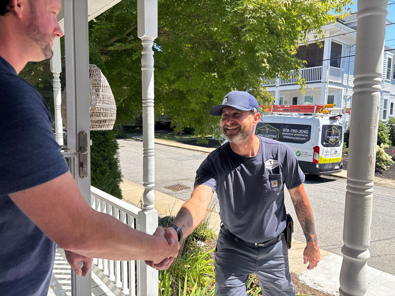 David Briley, Master Electrician and owner of Stag Electric in Amesbury MA, meeting with homeowner customer